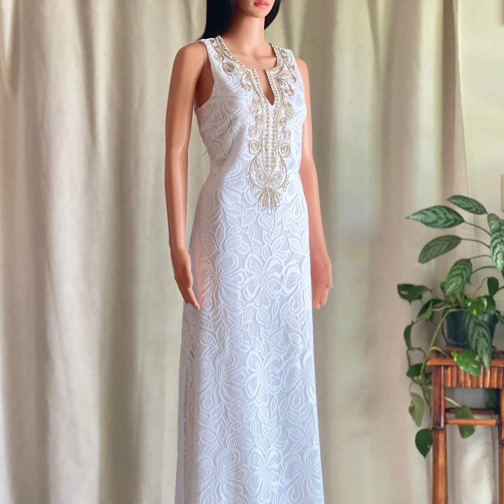 Lilly Pulitzer Carlotta Maxi Dress White Gold Embroidered Resort Beach Boho 4
